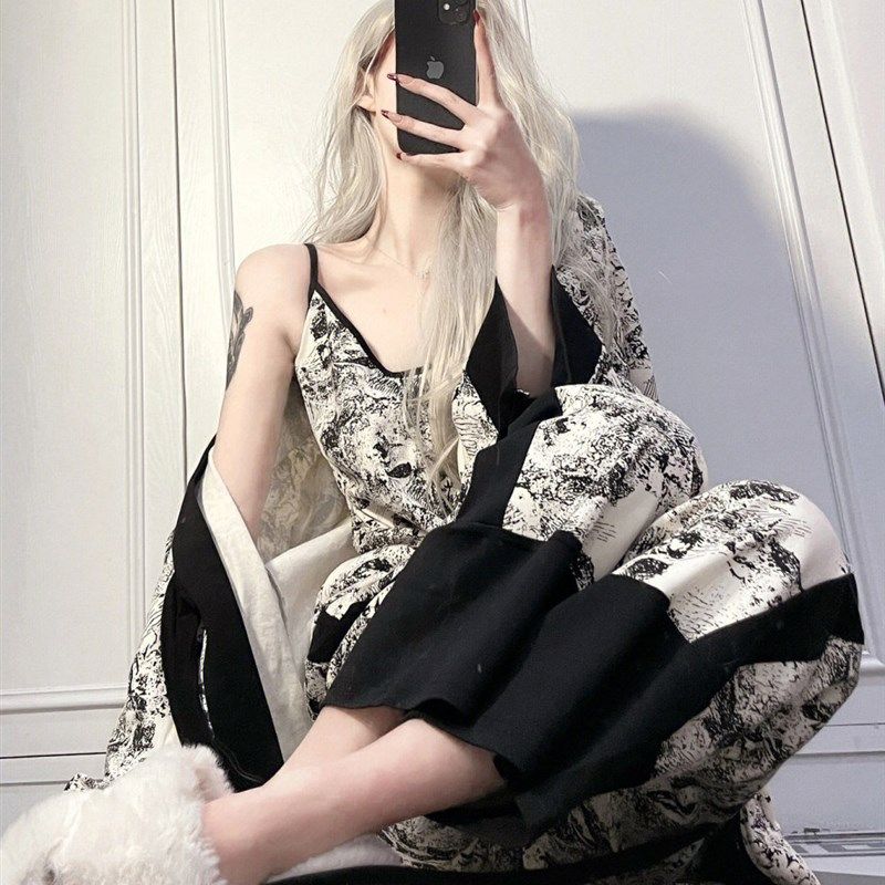 国风水墨画印花长袖睡衣女春秋季新款高级吊带长裤家居服三件套装,淘宝优惠券,粉丝福利购,淘宝优惠卷