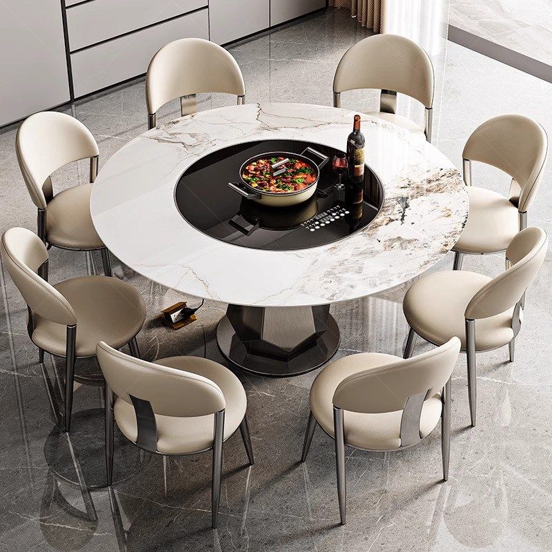 岩板餐桌家用轻奢多功能内嵌转盘暖菜板电磁炉一体圆形餐桌椅组合,淘宝优惠券,粉丝福利购,淘宝优惠卷