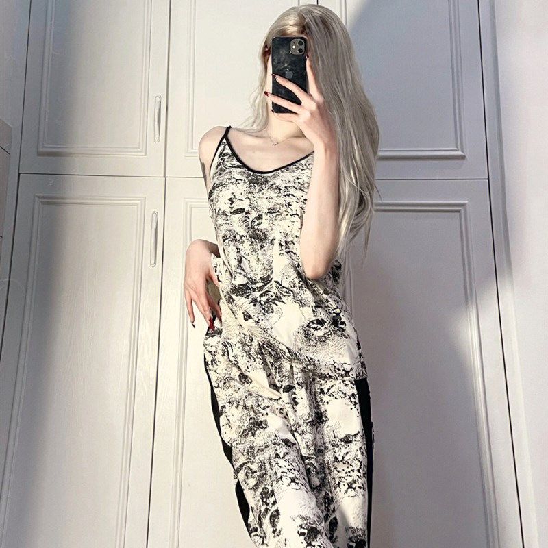 国风水墨画印花长袖睡衣女春秋季新款高级吊带长裤家居服三件套装,淘宝优惠券,粉丝福利购,淘宝优惠卷