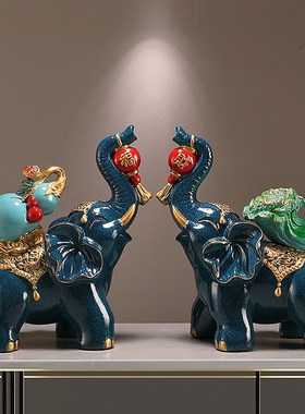 陶瓷大象摆件一对创意客厅电视柜酒柜轻奢玄关家居装饰品乔迁礼品