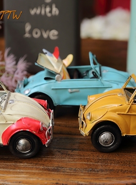 美式乡村复古做旧敞篷铁皮老爷车摆件 家居装饰工艺车模