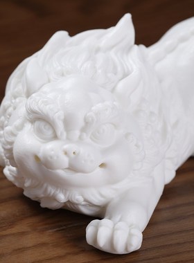 东方泥土长毛狮子白陶瓷国潮摆件创意礼物客厅玄关办公室桌面装饰