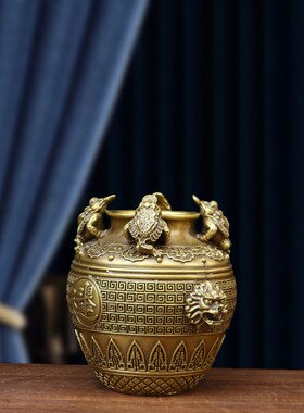 纯铜聚宝盆四方纳财缸金蟾招财罐坛子摆件日进斗金聚財位钱罐礼品