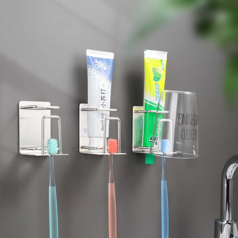 不锈钢牙刷置物架免打孔漱口杯壁挂式卫生间刷牙杯电动牙缸收纳盒-图1