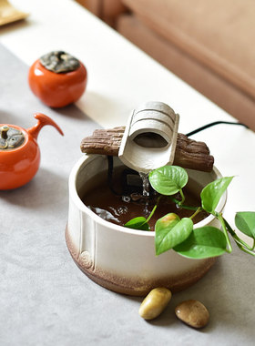 陶迷小型流水器喷泉装饰品客厅办公室竹节创意造型装饰品摆件陶瓷