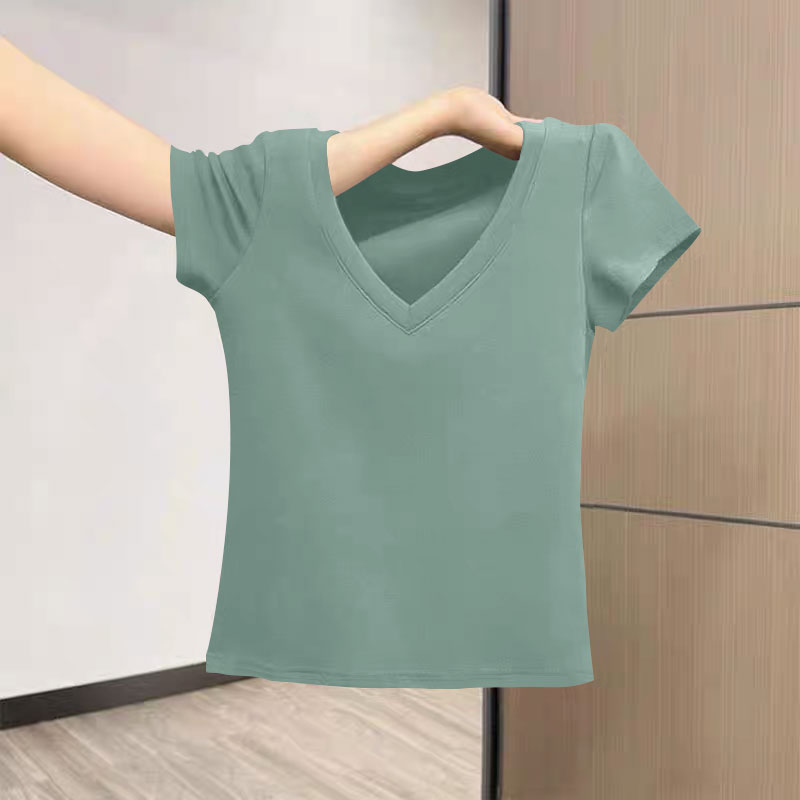 夏季100纯棉T恤女士短袖韩版宽松爆款潮流百搭休闲洋气v领上衣女 - 图0