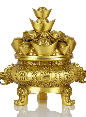 纯铜聚宝盆摆件纯铜玄关摆件家居存钱罐开盖储存罐