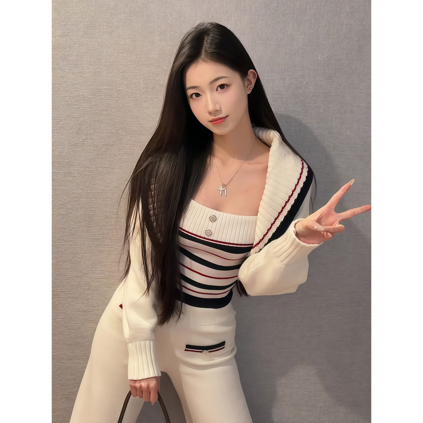 纯欲风抹胸背心条纹短款针织外套搭配白色长裤子套装女修身两件套,淘宝优惠券,粉丝福利购,淘宝优惠卷