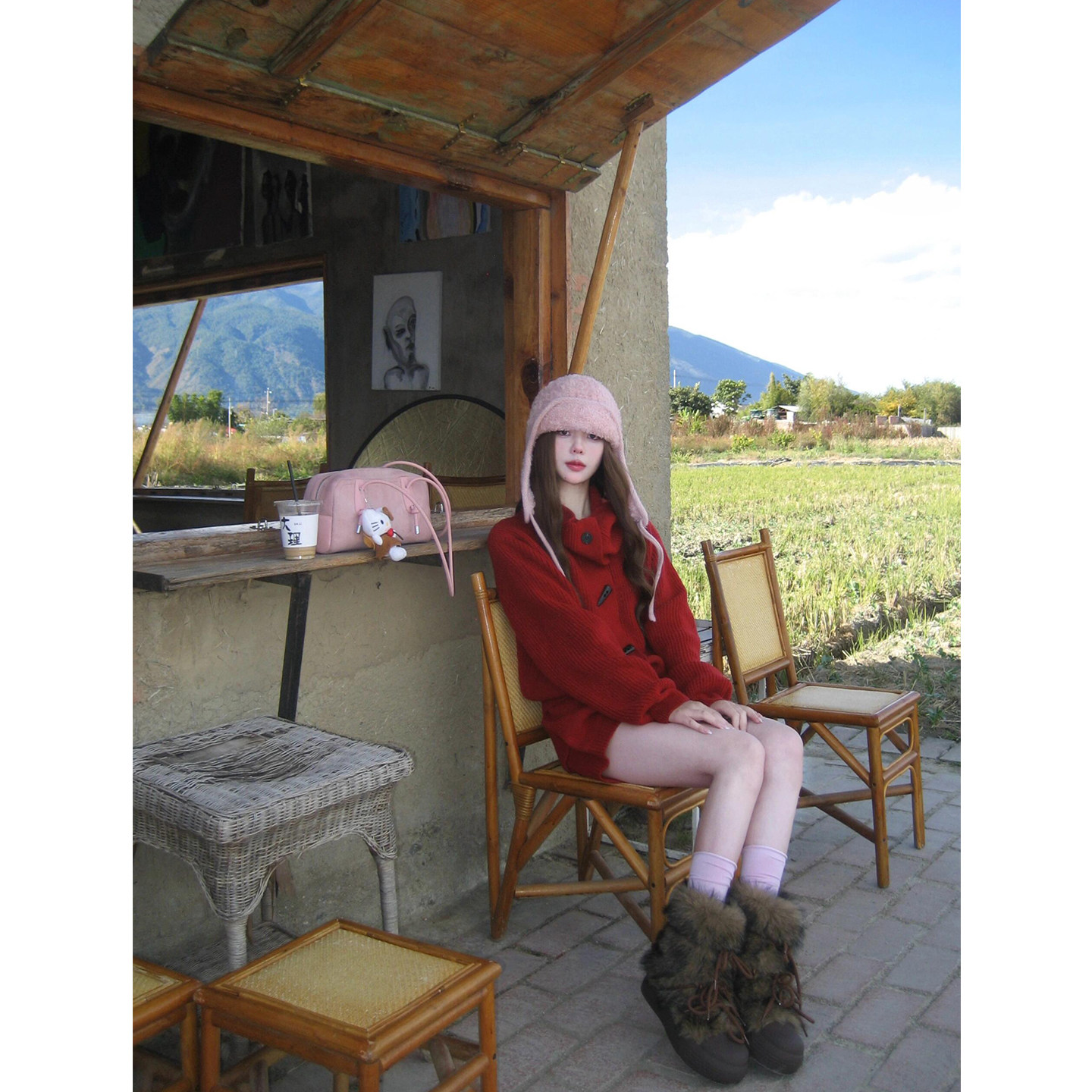 温柔甜美风大翻领软糯短款牛角扣毛衣外套女红色高腰针织短裤套装,淘宝优惠券,粉丝福利购,淘宝优惠卷