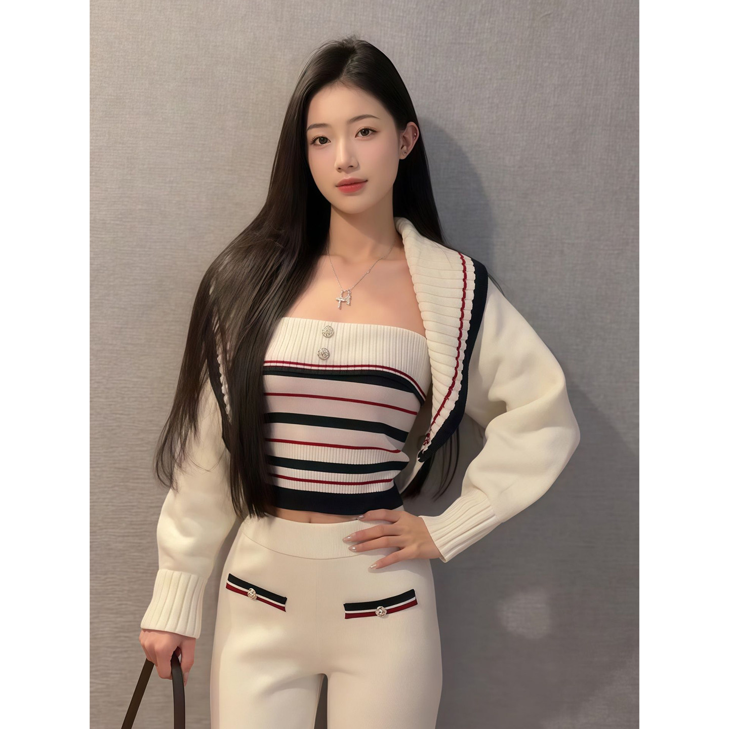 纯欲风抹胸背心条纹短款针织外套搭配白色长裤子套装女修身两件套,淘宝优惠券,粉丝福利购,淘宝优惠卷