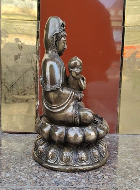 仿古铜观世音菩萨送子观音莲花坐像中式摆件铜童子观音高30公分
