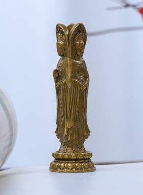 纯黄铜南海观世音菩萨三面观音佛像摆件精致随身佛书房家居装饰品