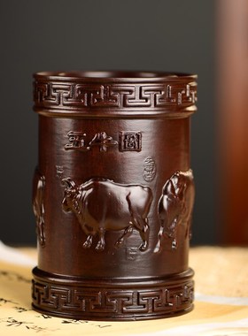 黑檀木雕五牛图笔筒工艺品办公室书桌家居M客厅木质笔筒摆件送礼