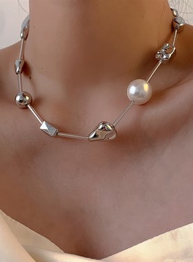 日韩小众设计感不规则金属珍珠拼接项链个性男女锁骨链颈链配饰品