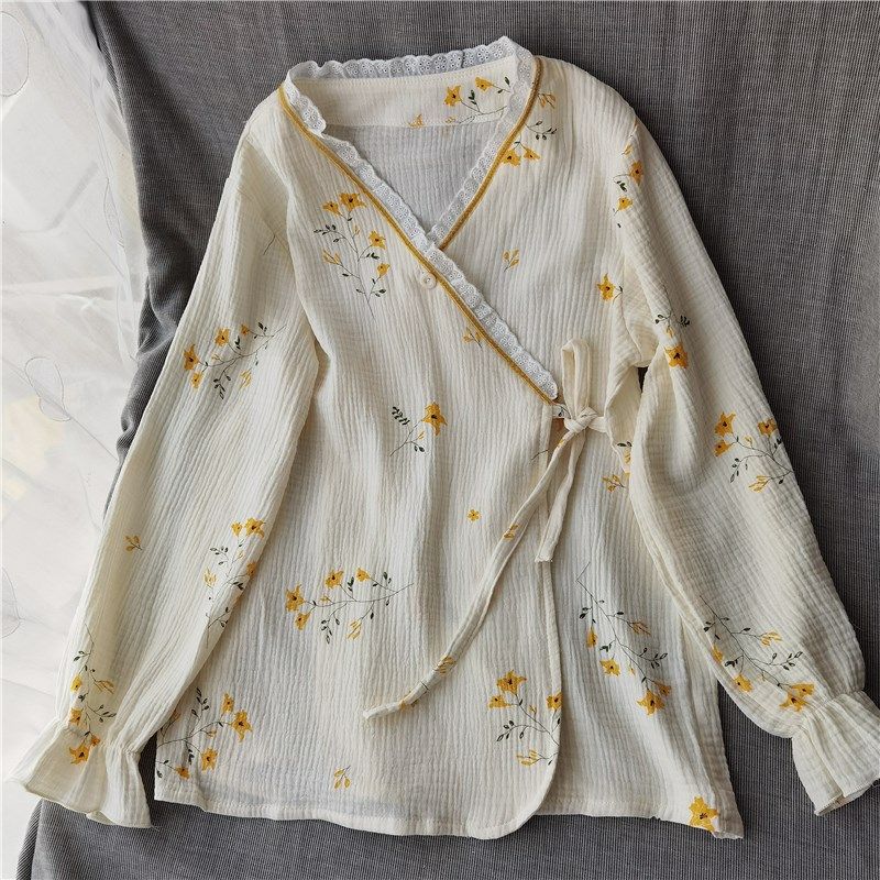 春夏女v领纯棉水洗双层棉纱长袖长裤和服家居服睡衣套装汉服花边,淘宝优惠券,粉丝福利购,淘宝优惠卷