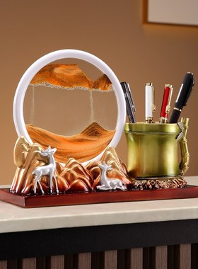 新中式创意高级感竹子流沙画笔筒桌面装饰摆件客厅玄关书桌收纳盒