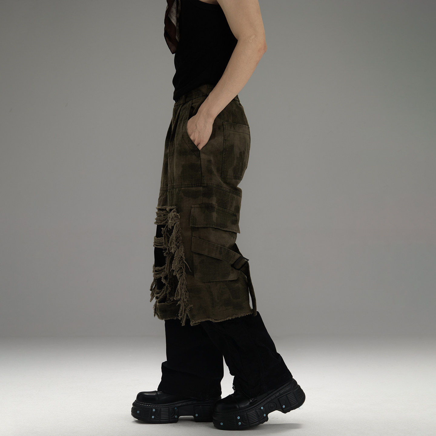 GALAXOR 美式复古假两件工装裤宽松小众撞色拼接军绿迷彩牛仔长裤,淘宝优惠券,粉丝福利购,淘宝优惠卷