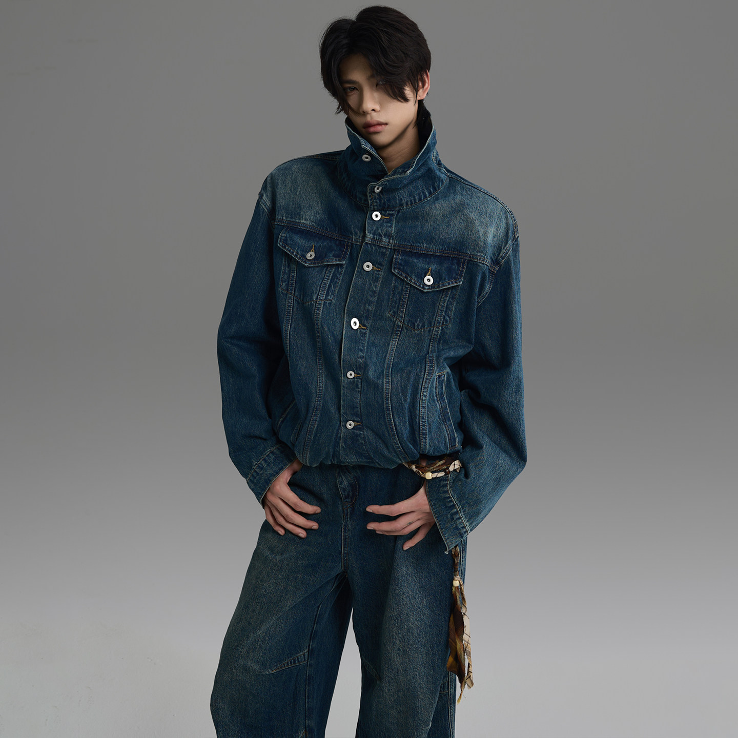 GALAXOR银河预报 解构高领牛仔外套下摆褶皱设计感夹克宽松上衣男,淘宝优惠券,粉丝福利购,淘宝优惠卷