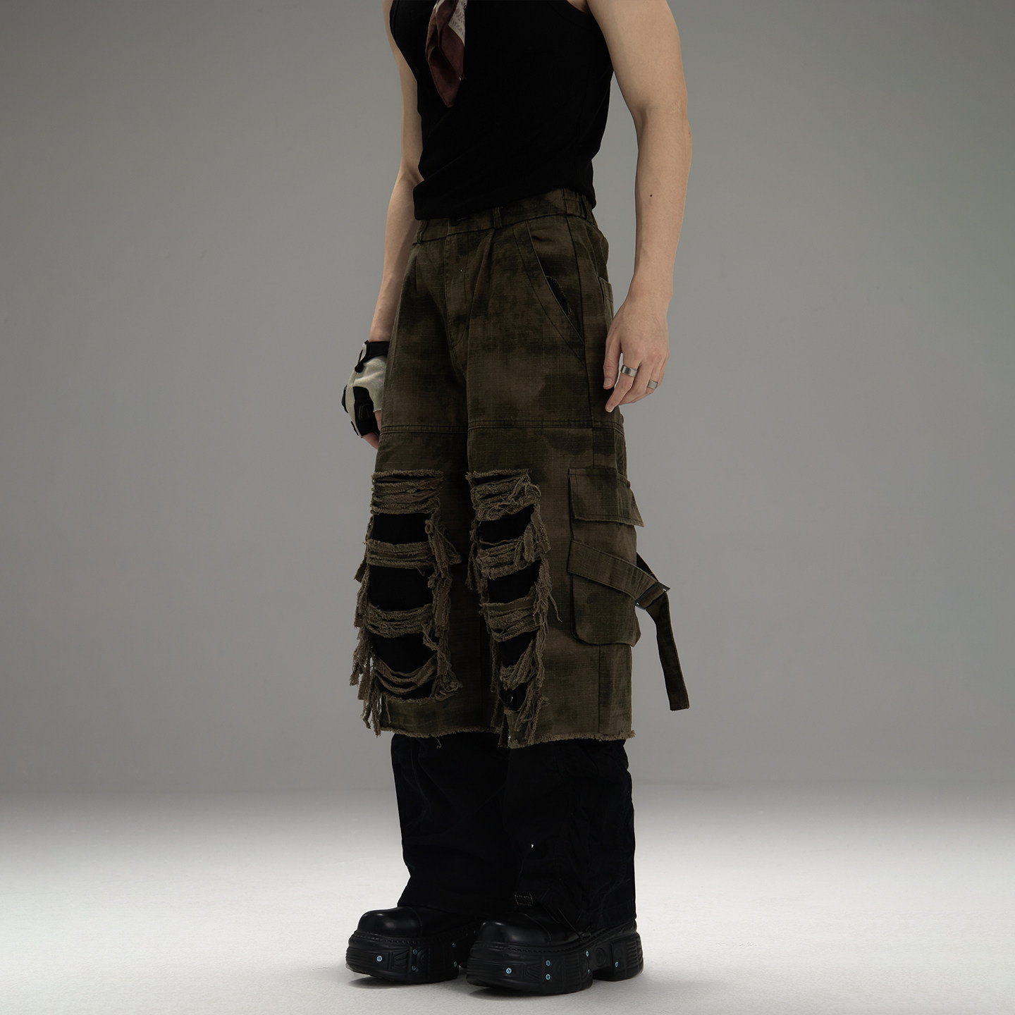 GALAXOR 美式复古假两件工装裤宽松小众撞色拼接军绿迷彩牛仔长裤,淘宝优惠券,粉丝福利购,淘宝优惠卷