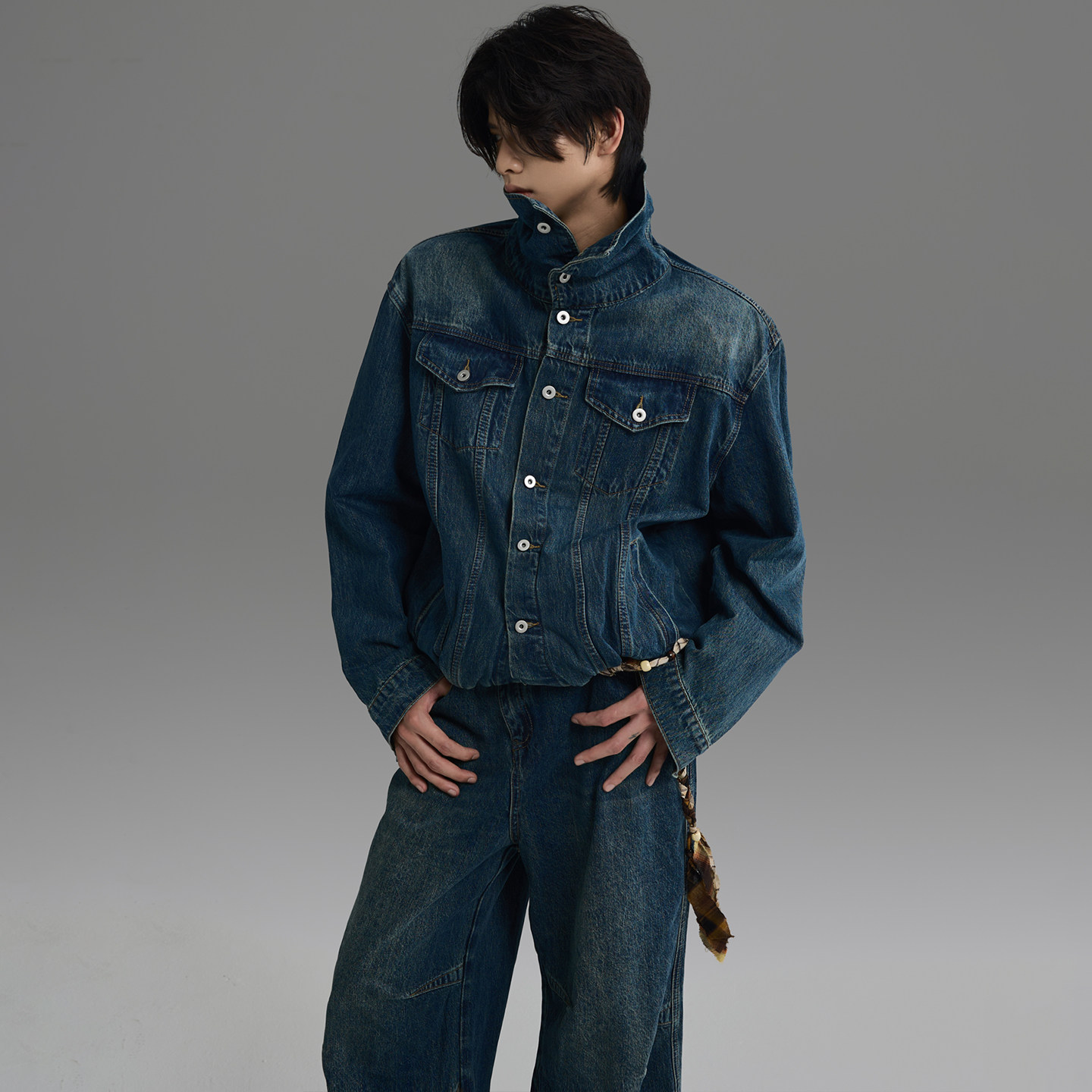 GALAXOR银河预报 解构高领牛仔外套下摆褶皱设计感夹克宽松上衣男,淘宝优惠券,粉丝福利购,淘宝优惠卷