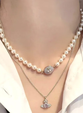 Vivanne西太后同款项链女搪瓷珍珠项链圆形吊坠串珠链百搭饰品