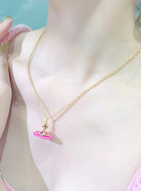【新品】西太后飞碟项链小巧球吊坠气质土星女金色镶钻星球锁骨链