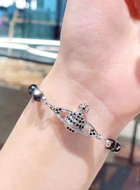 【新品】西太后黑玛瑙土星log手链男女同款手串生日表白