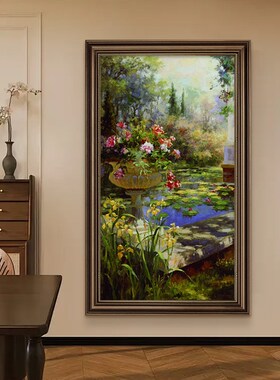 手绘油画荷玄关装饰画复古风景走廊过道挂画欧式睡莲壁画级感