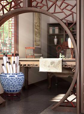 景德镇陶瓷书画缸大号青花瓷卷轴缸箭筒字画笛箫收纳客厅书房摆件