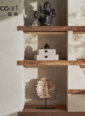 邸高家居民宿茶空间背景柜布置侘寂风墙柜储物柜装饰品甲骨文摆件