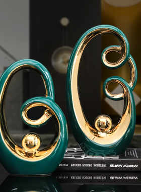 创意家居轻奢风艺术装饰品摆件独特圆圈造型陶瓷制品电镀工艺上色