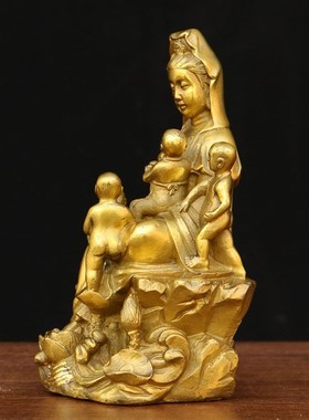 铜五子观音菩萨佛像供奉家用居家客厅大号摆件纯铜坐莲观世音送子