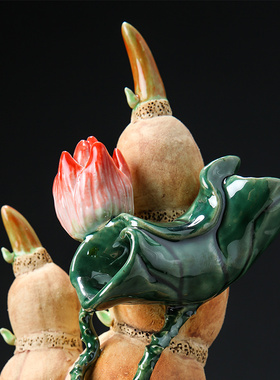 石湾陶瓷公仔招财客厅摆件家居玄关电视柜莲藕装饰品《节节高升》