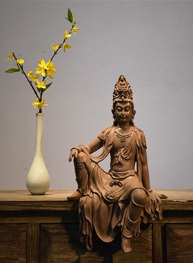 佛像水月自在观音菩萨禅意供奉镇宅摆件酒店玄关茶室客厅家居装饰