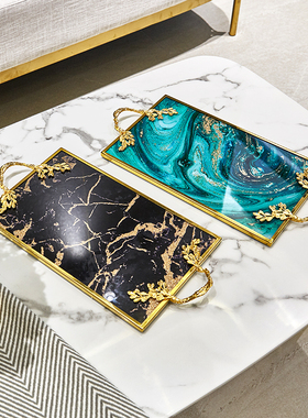 北欧轻奢金边框玛瑙纹大理石纹玻璃金属托盘 家居客厅收纳摆件