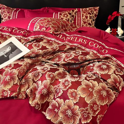 高档中式结婚四件套大红色新婚床单被套纯棉婚庆床上用品婚房陪嫁 - 图0