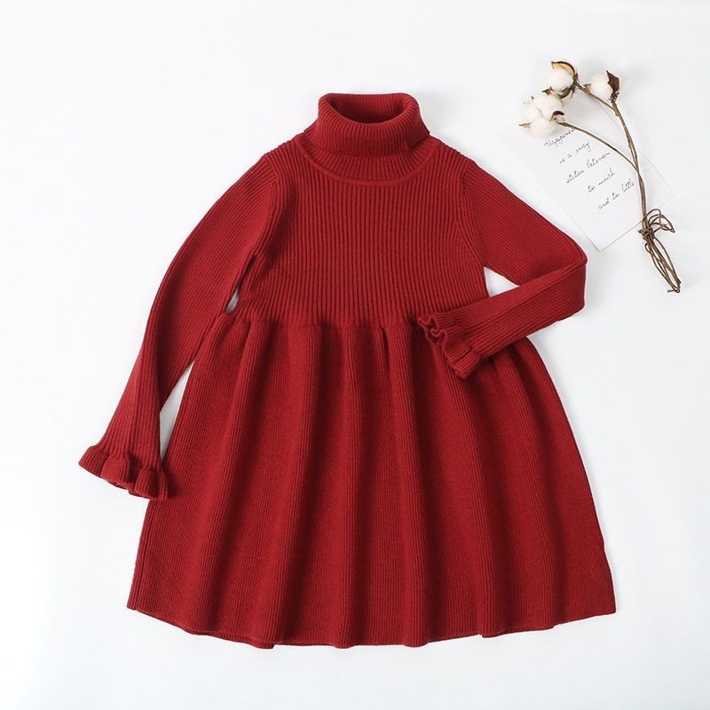 毛秋装裙女童儿童衣裙裙子红色长袖高领女童毛衣长连衣裙公主针织,淘宝优惠券,粉丝福利购,淘宝优惠卷
