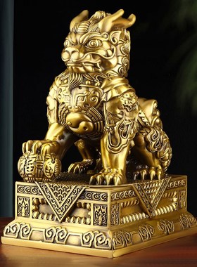 麒麟摆件一对公母纯黄铜招家用财客厅办公室入户门八卦麒麟工艺品