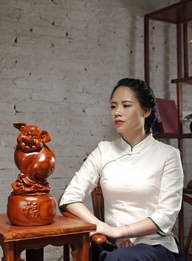 花梨木雕福猪摆件实木质生肖猪工艺礼品摆饰家居客厅送礼电视柜装