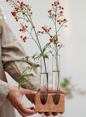 CHONG翀 实木花器 花插小摆件水培玻璃管插花瓶茶室餐桌百搭
