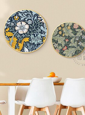威廉莫里斯复古纹卉背景圆形装饰画客厅玄关摆台挂画