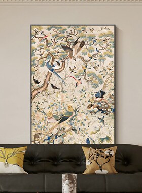复古南洋风客厅装饰画梅法式沙发后面背景墙挂画中古风壁画绿色