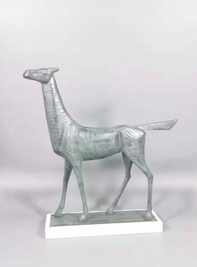 样板房家居酒店软装雕塑品抬腿马桌面摆件金属大理石动物客厅饰品