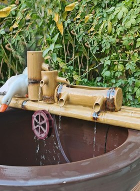 陶瓷圆形鱼缸造景循环流水器过增氧仿竹子竹筒搭配