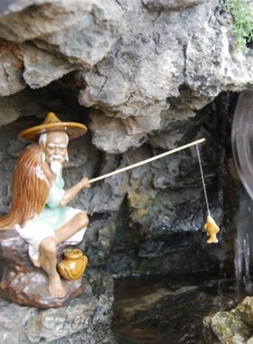 姜太公悠闲垂钓优雅陶瓷别墅假山石山鱼池盆景