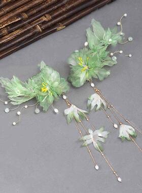 新款古风绿色发夹绢花仙