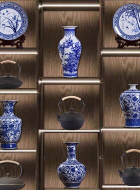 新酒店茶室博古架多宝阁茶柜装饰仿古青瓷瓶茶壶茶具