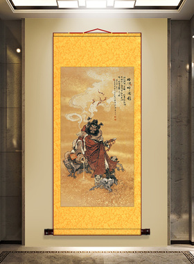 钟馗画像神像挂画玄关国画赐福招财画像绢布镇 宅已装裱卷轴画