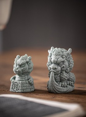 国潮青砂石吸水麒麟瑞兽招财创意家居客厅鱼缸造景茶宠摆设