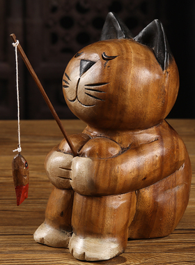 泰国工艺品创意爱儿童房卡通博古架酒柜装饰品小猫钓鱼